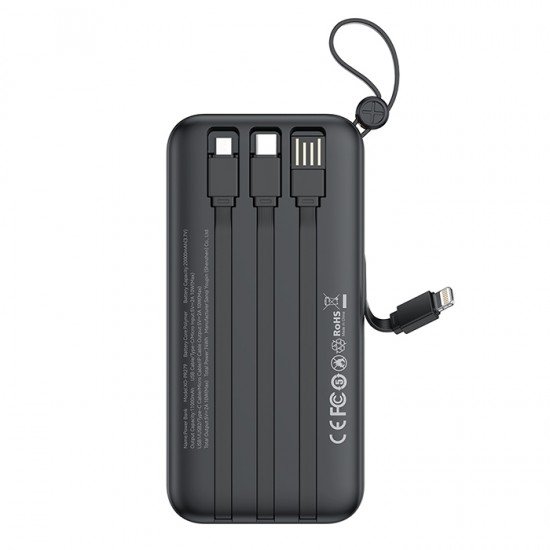 XO PR279 Power Bank 20.000 mAh, με 4 ενσωματωμένα καλώδια σε μαύρο χρώμα