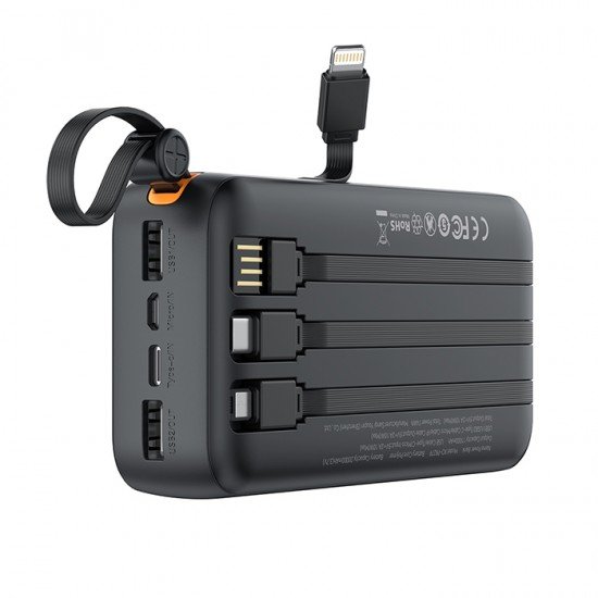 XO PR279 Power Bank 20.000 mAh, με 4 ενσωματωμένα καλώδια σε μαύρο χρώμα