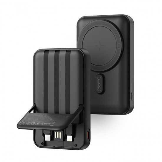 XO PR288 Power Bank, 10000mAh, με 3 ενσωματωμένα καλώδια και δυνατότητα ασύρματης φόρτισης