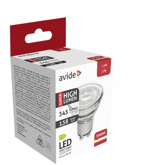 Avide LED Σπότ Αλουμίνιο + Πλαστικό 2.5W GU10 Θερμό 3000K Super Υψηλής Φωτεινότητας